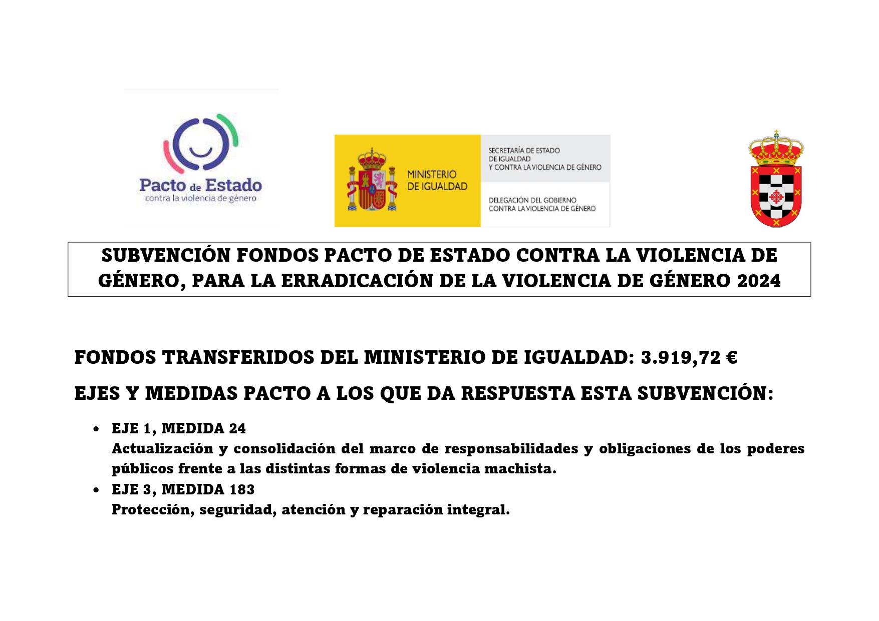 SUBVENCIÓN FONDOS PACTO DE ESTADO CONTRA LA VIOLENCIA DEGÉNERO, PARA LA ...